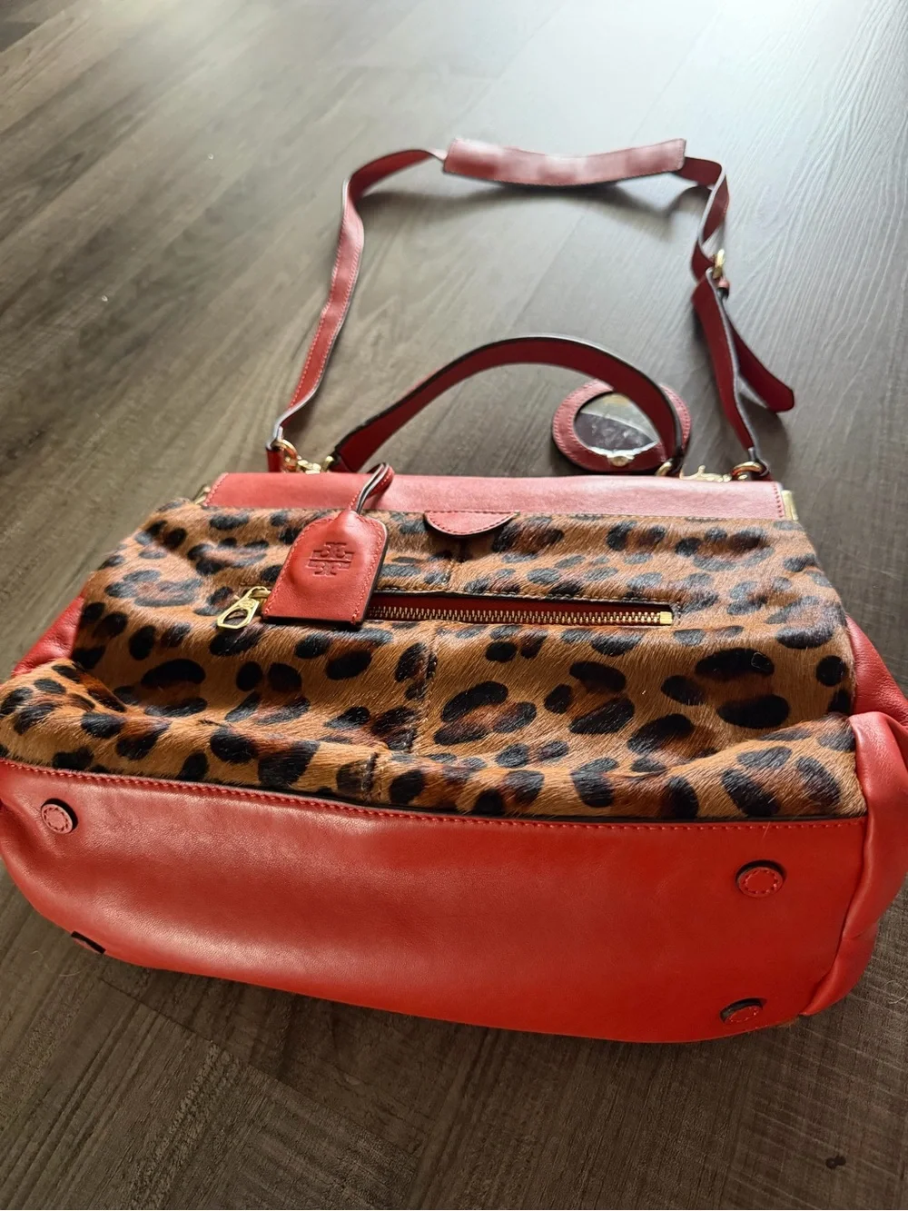 Tory Burch Red Leather Shoulder Bag with Leopard Print Panel